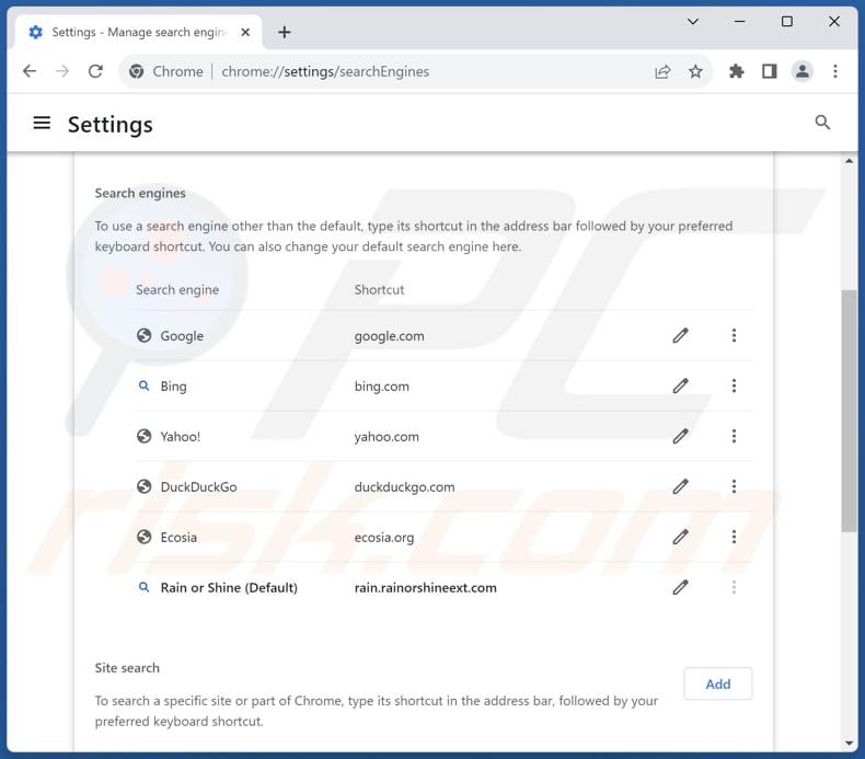 Removing rain.rainorshineext.com from Google Chrome default search engine