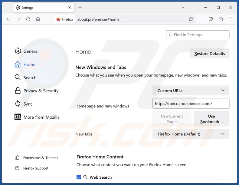 Removing rain.rainorshineext.com from Mozilla Firefox homepage