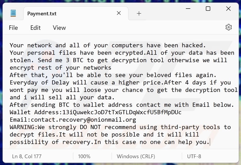 Ran ransomware ransom note (Payment.txt)