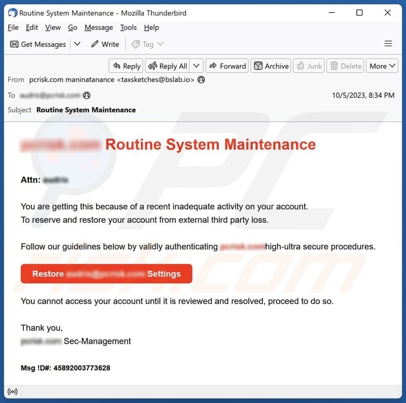Routine System Maintenance email spam campaign