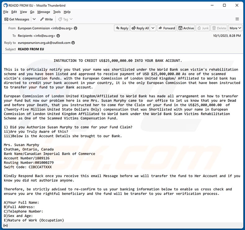 Scam Victim Compensation Funds email scam (2023-10-04)
