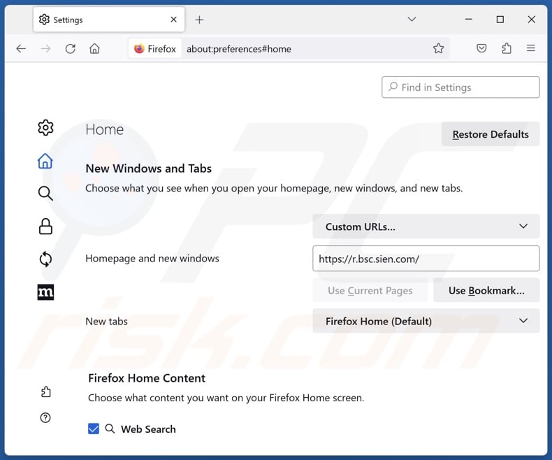 Removing r.bsc.sien.com from Mozilla Firefox homepage
