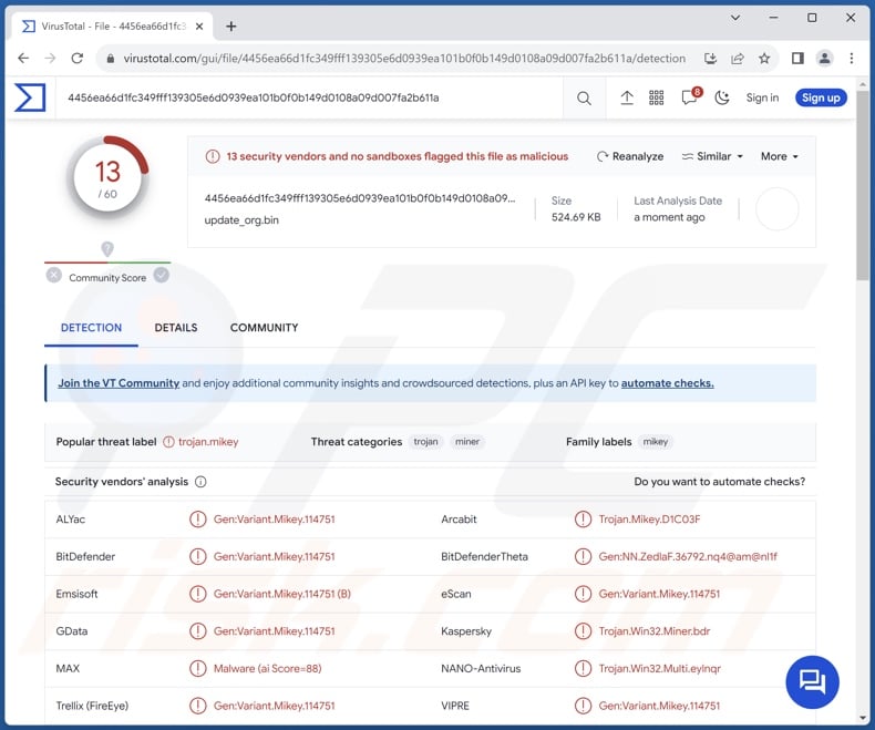 StripedFly malware detections on VirusTotal