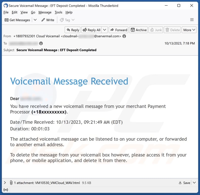 Voicemail Message Received email spam campaign