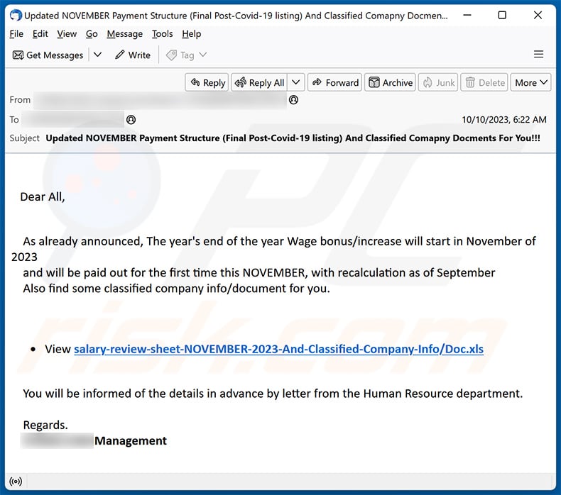 Wage bonus/increase email scam (2023-10-11)