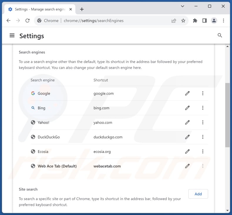 Removing webacetab.com from Google Chrome default search engine