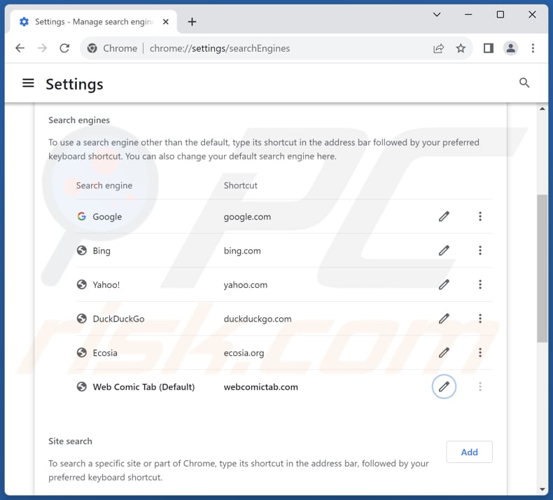 Removing webcomictab.com from Google Chrome default search engine