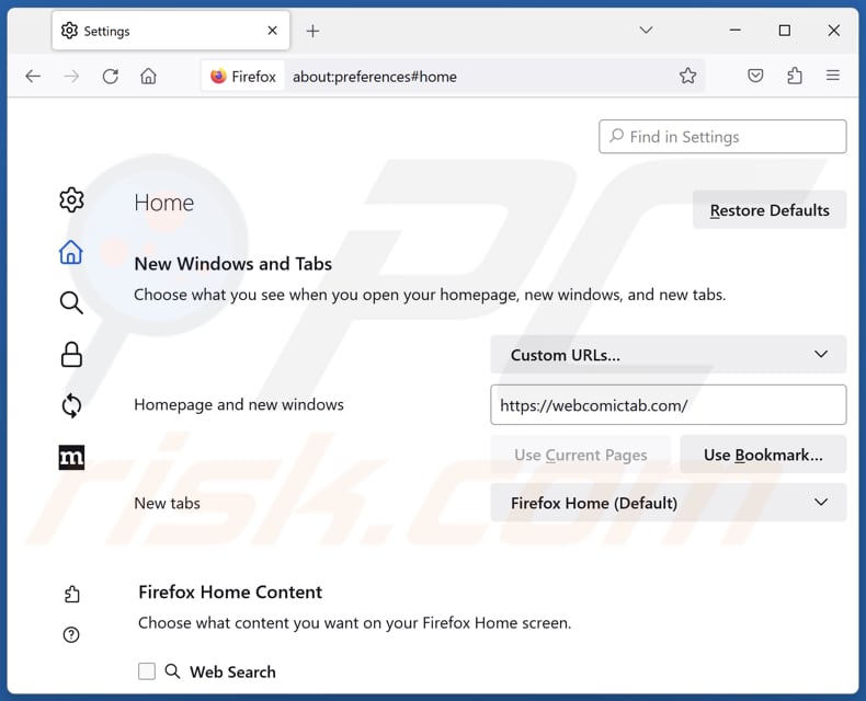 Removing webcomictab.com from Mozilla Firefox homepage