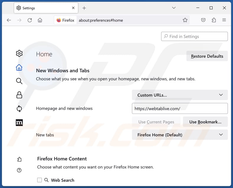 Removing webtablive.com from Mozilla Firefox homepage
