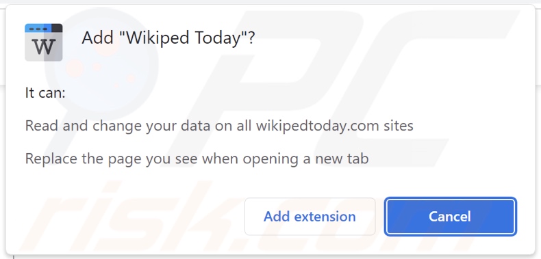 Wikiped Today browser hijacker asking for permissions