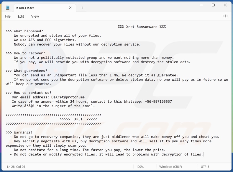 Xret ransomware ransom note (# XRET #.txt)