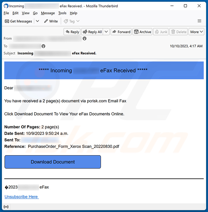 Incoming eFax Received email scam