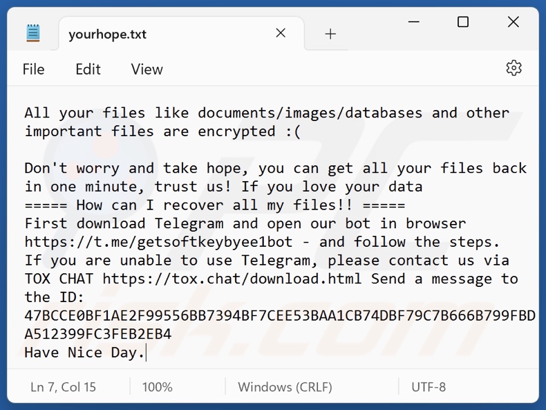 1337 ransomware ransom note (yourhope.txt)