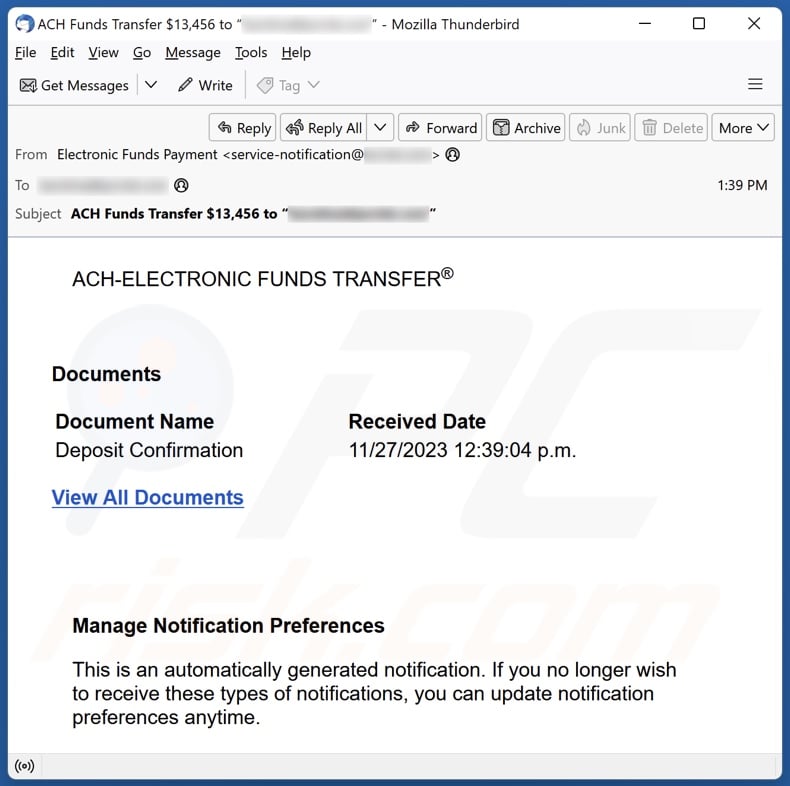 ACH-ELECTRONIC FUNDS TRANSFER email spam campaign