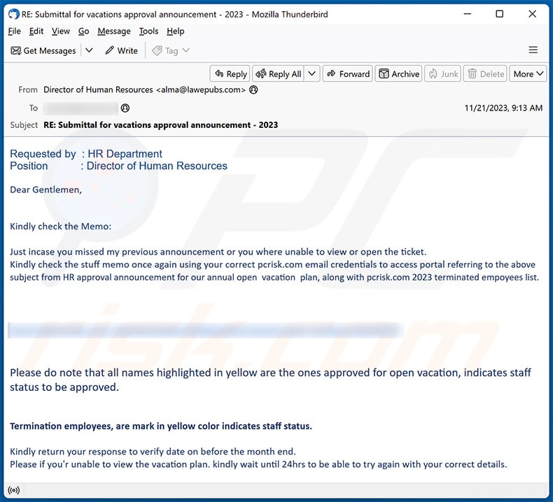 Annual Open Vacation Plan email scam (2023-11-23)