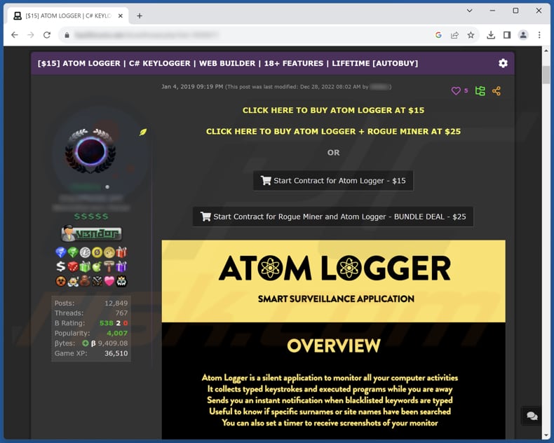 Atom logger malware promoted on forum