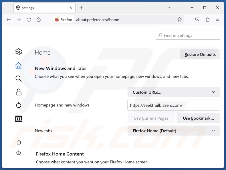 Removing seektrailblazers.com from Mozilla Firefox homepage