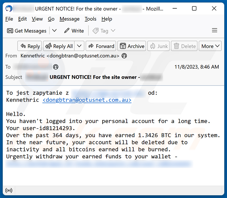 Spam email promoting Bitcoin Mining Scam (sample 4)