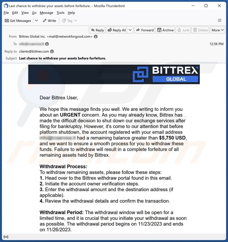 Bittrex email spam campaign