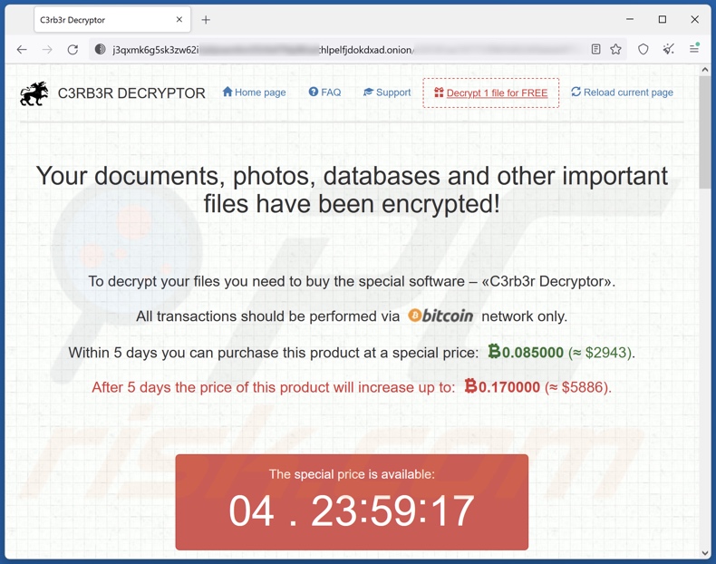 C3RB3R ransomware Tor website