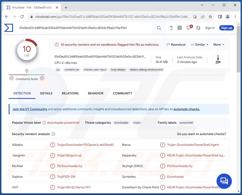 VirusTotal detections of a trojanized CPU-Z installer