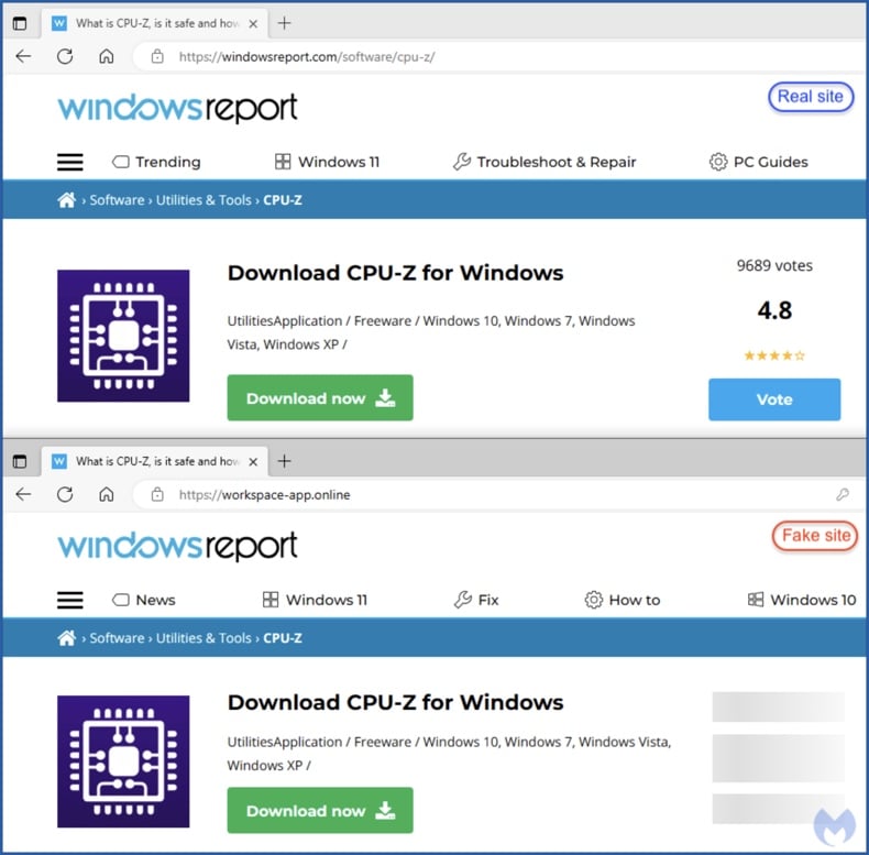 Fake Windows Report website used to promote a trojanized CPU-Z installer
