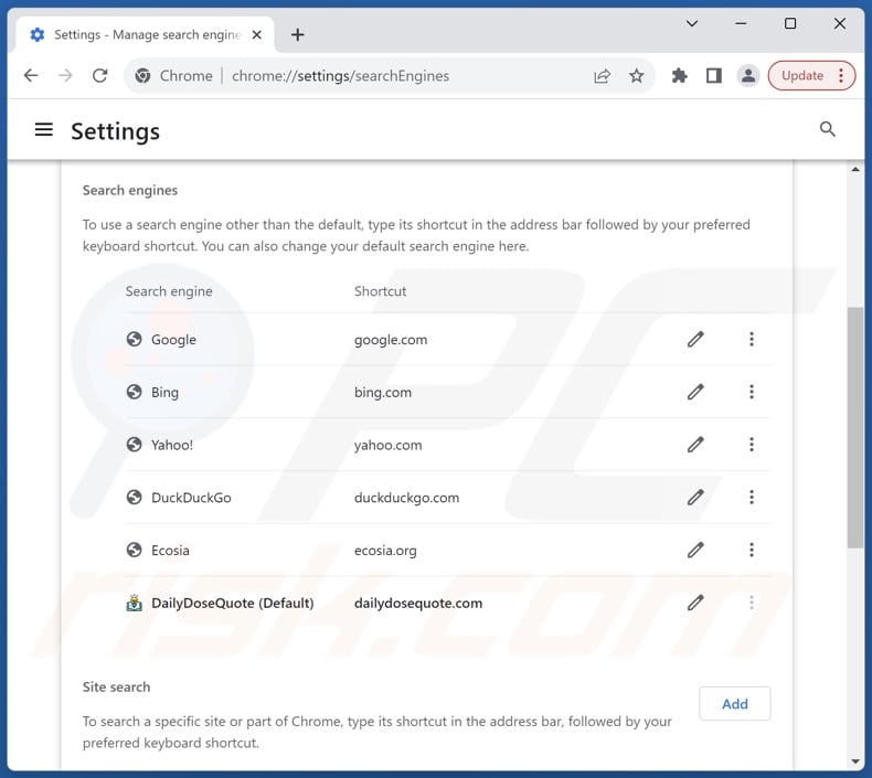 Removing dailydosequote.com from Google Chrome default search engine
