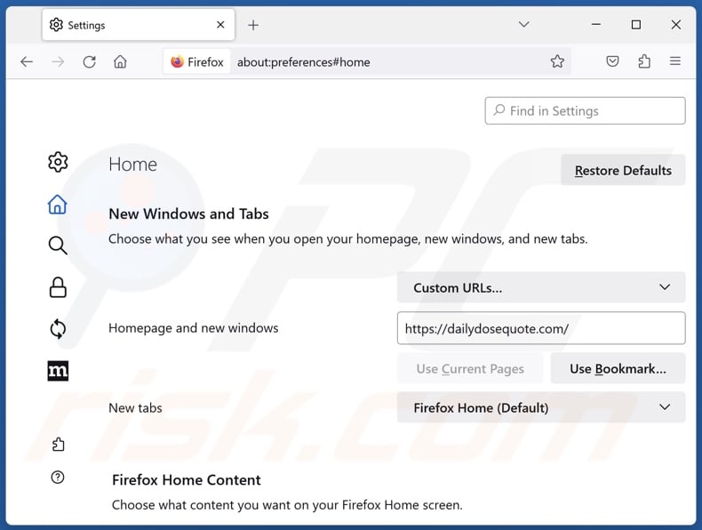Removing dailydosequote.com from Mozilla Firefox homepage