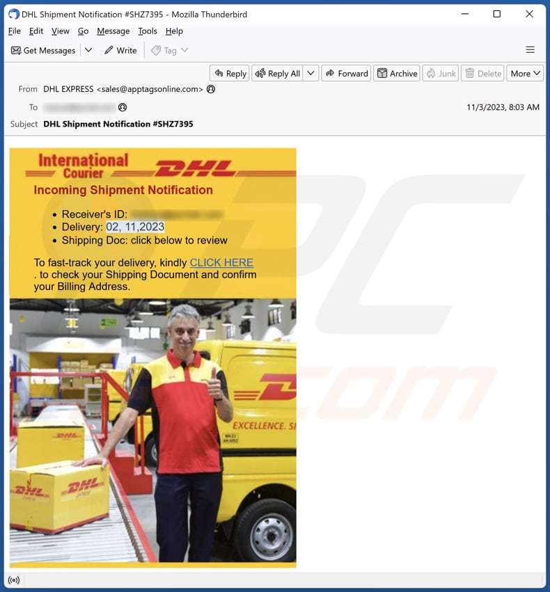 DHL - Incoming Shipment Notification email spam campaign