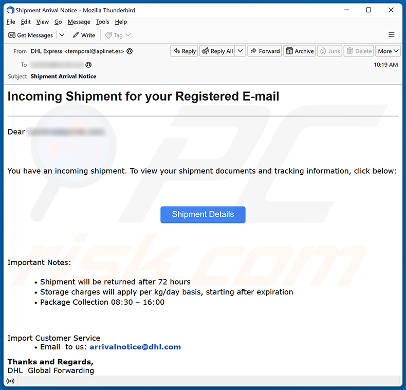 DHL -  Incoming Shipment for your Registered E-mail scam