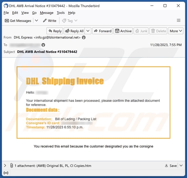DHL Shipping Invoice email spam campaign