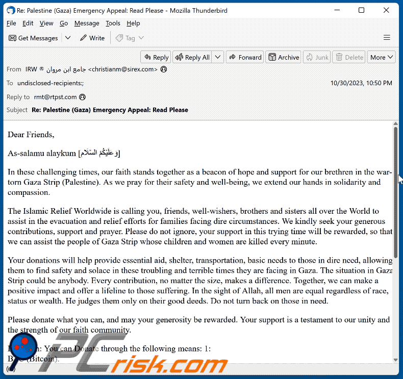 Donations For Gaza Strip scam email appearance (GIF)