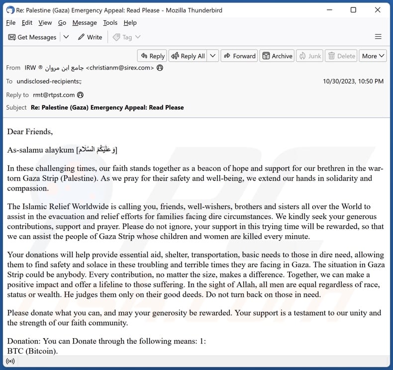 Donations For Gaza Strip email spam campaign