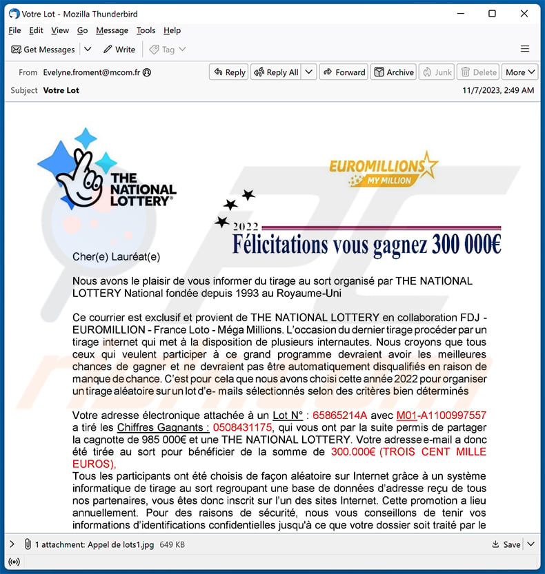 EURO MILLIONS INTL. LOTTO COMMISSION email scam (2023-11-09)