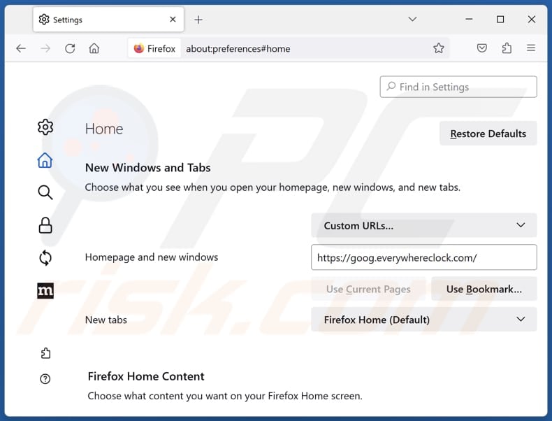 Removing goog.everywhereclock.com from Mozilla Firefox homepage