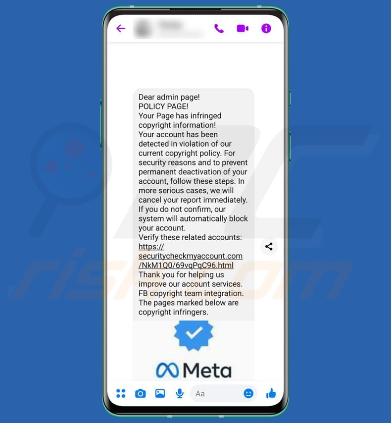 Facebook Page Has Infringed Copyright Information smishing scam