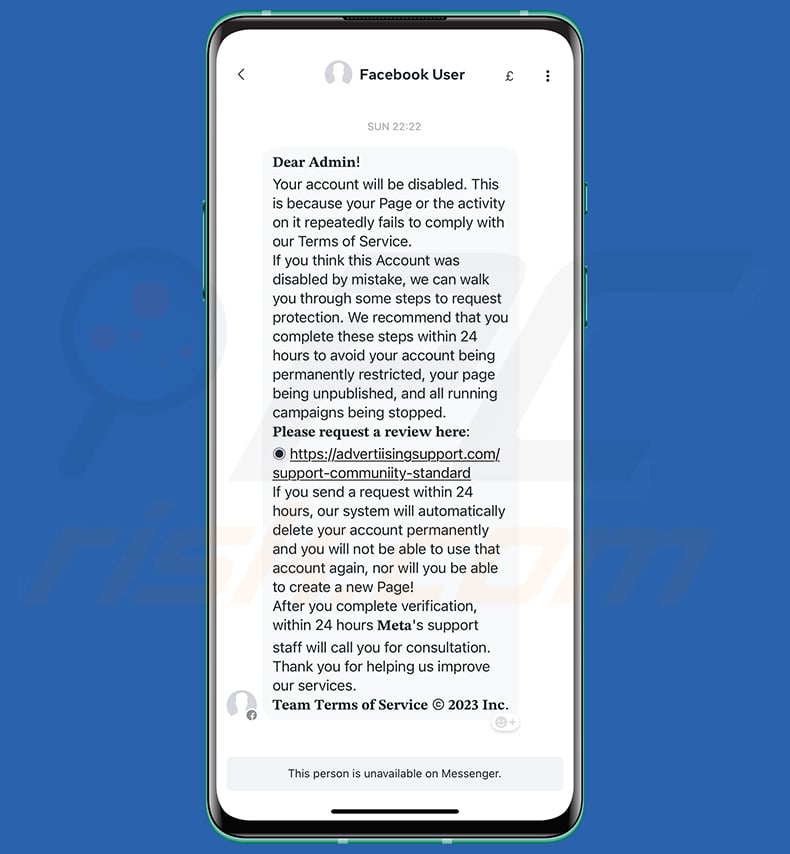 Facebook - your account will be disabled scam
