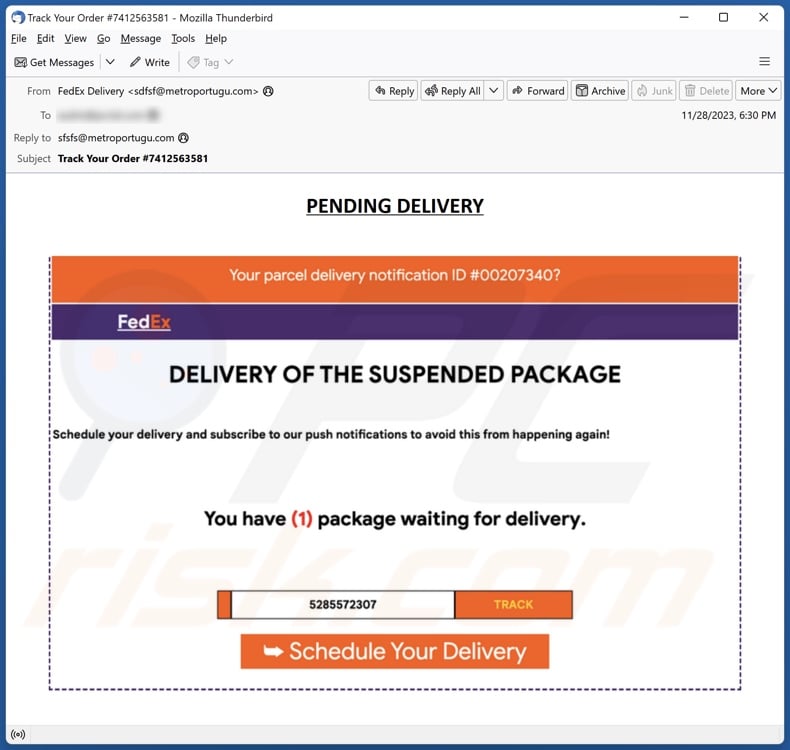 FedEx - Delivery Of The Suspended Package email spam campaign