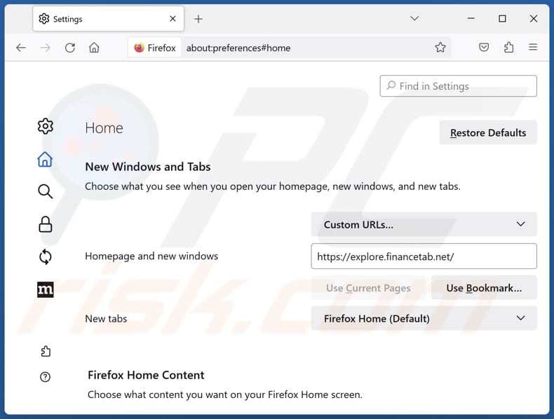 Removing financetab.com from Mozilla Firefox homepage