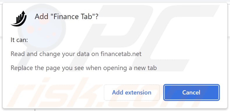 Finance Tab browser hijacker asking for permissions