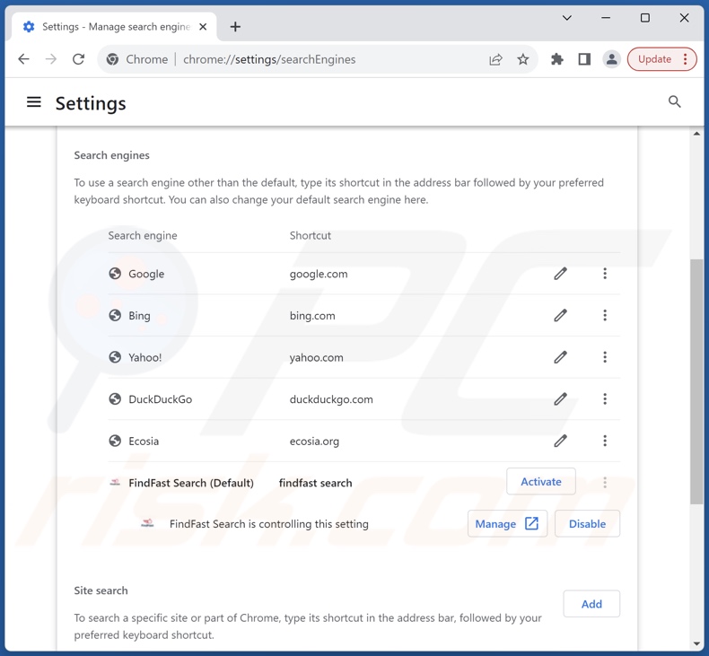 Removing findfastsearch.com from Google Chrome default search engine