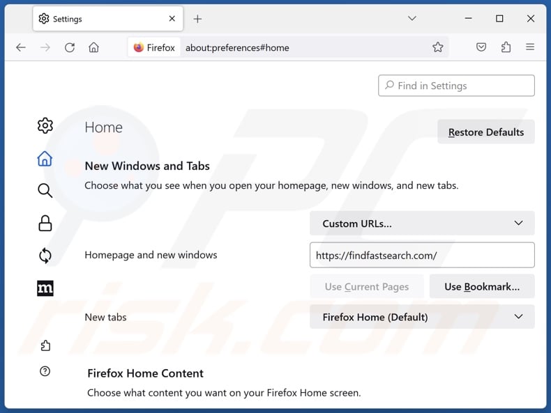 Removing findfastsearch.com from Mozilla Firefox homepage