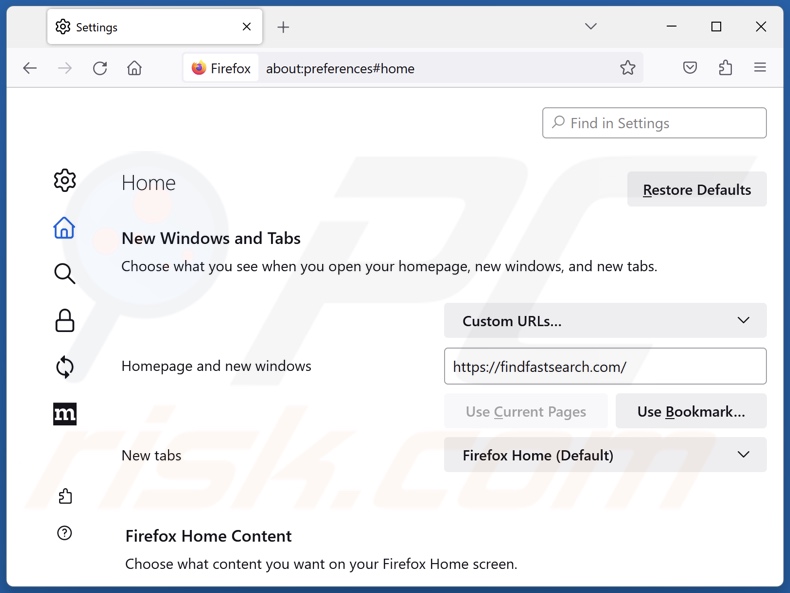 Removing findfastsearch.com from Mozilla Firefox homepage