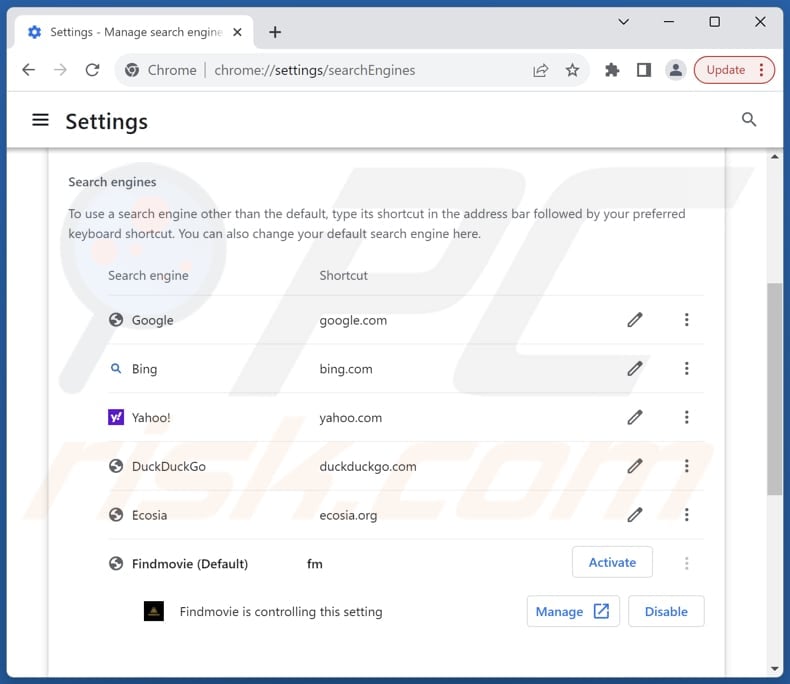 Removing search.findmovie.online from Google Chrome default search engine