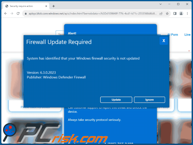 Appearance of Firewall Update Required scam (GIF)