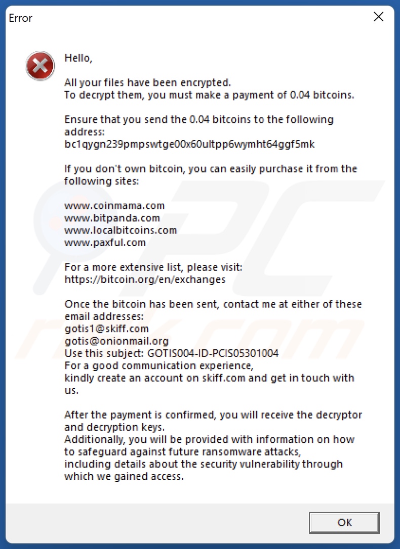 GoTiS ransomware ransom note (pop-up)