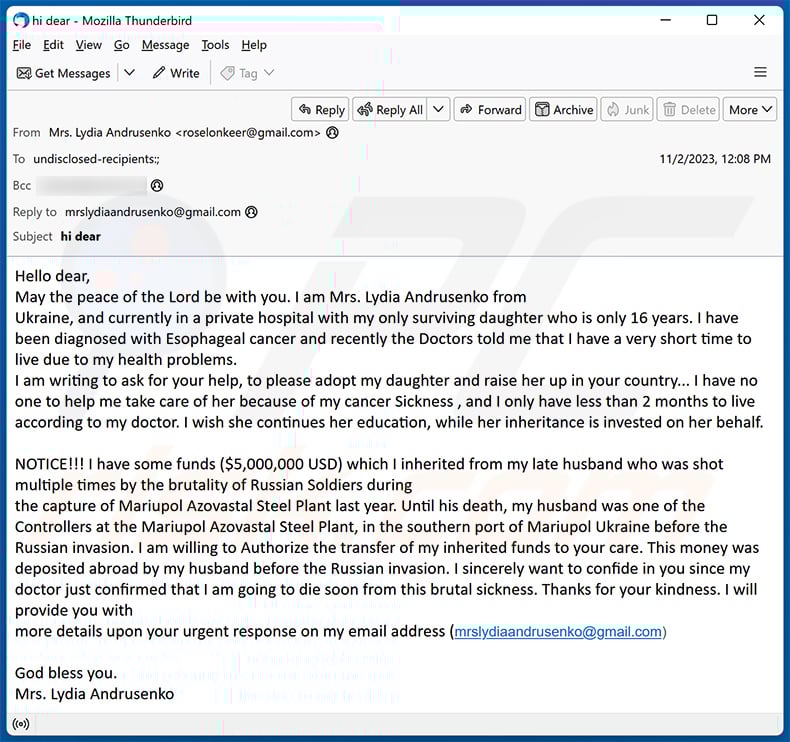 Help My Daughter email scam (2023-11-08)