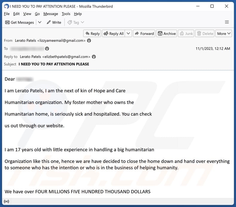 Hope And Care email spam campaign