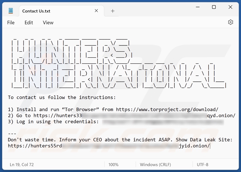 Hunters International ransomware ransom note (Contact Us.txt)