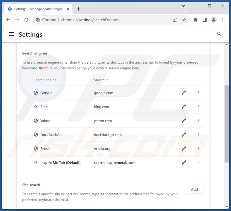 Removing search.inspiremetab.com from Google Chrome default search engine